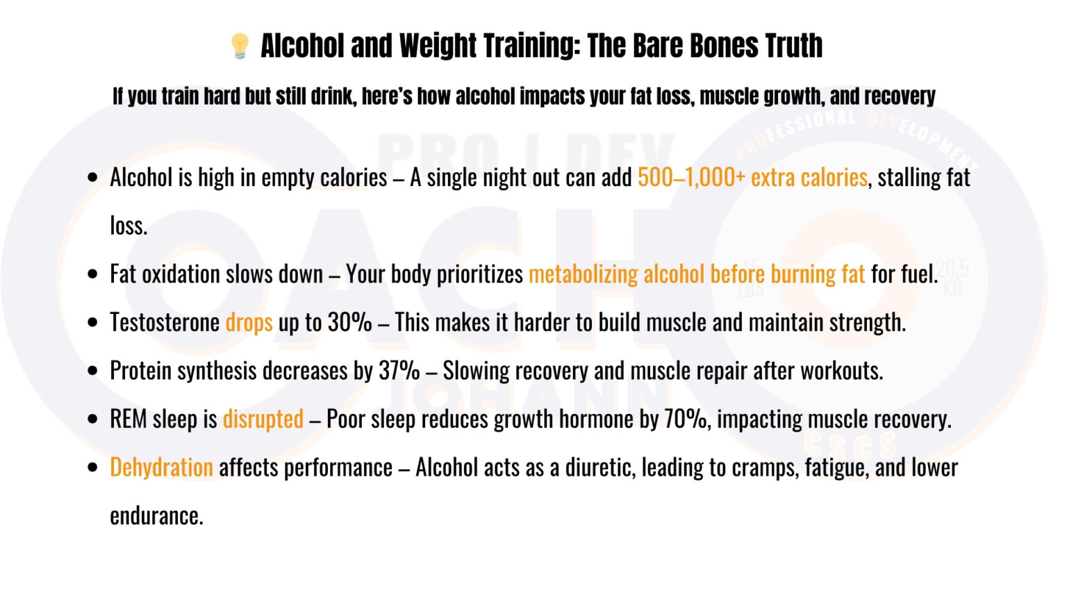 Summary graphic detailing how alcohol affects weight loss, muscle growth, recovery, hydration, and performance in training.