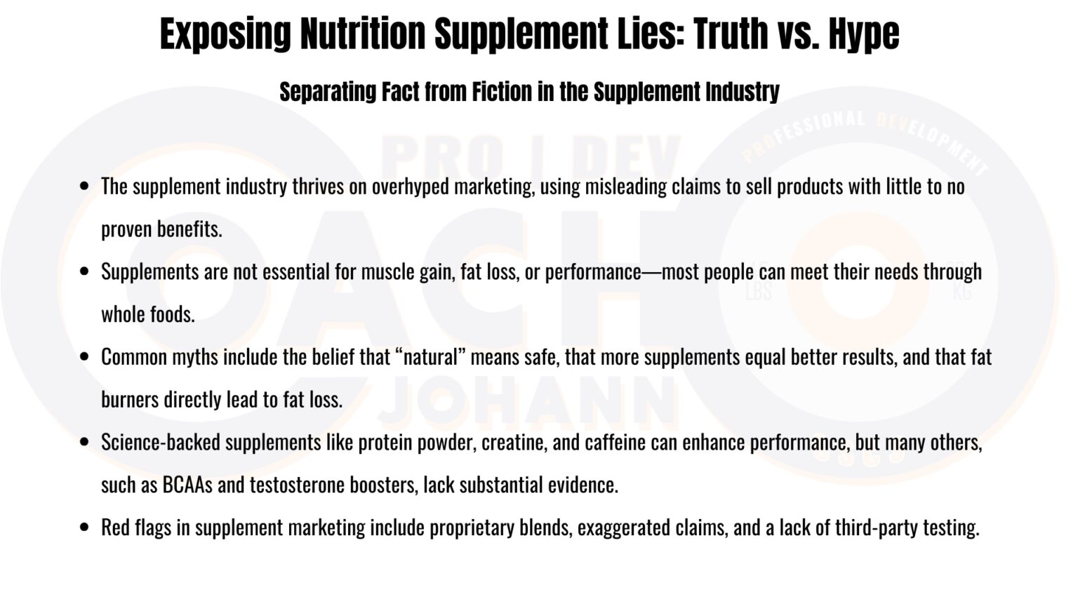 An infographic breaking down common supplement industry myths, marketing tactics, and evidence-based facts about popular fitness supplements.