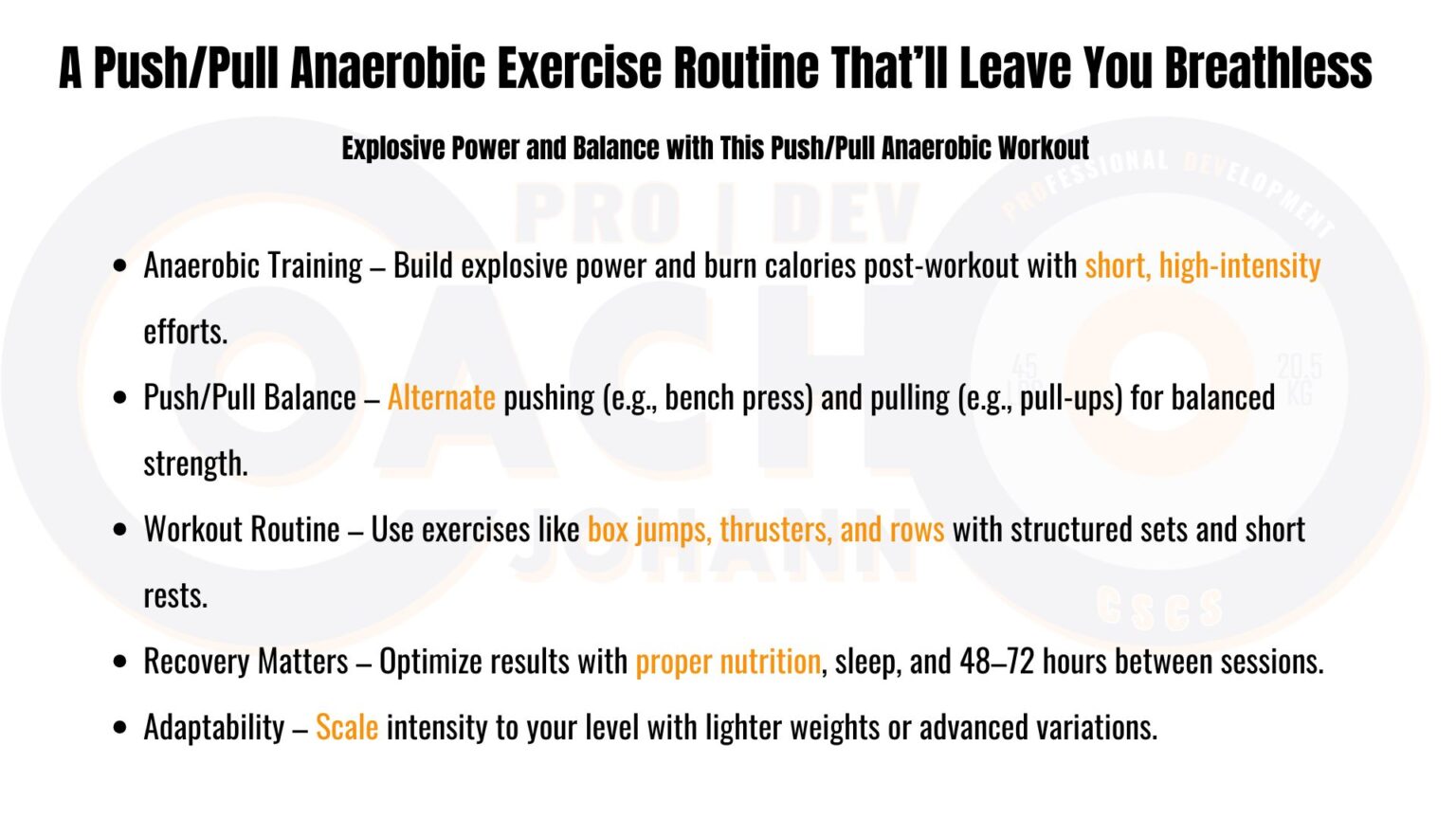 Infographic explaining the structure of a push/pull anaerobic workout routine, focusing on explosive power, balanced development, and recovery