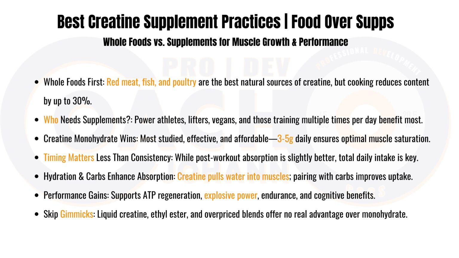 Infographic summarizing the best creatine supplement practices, comparing whole food sources versus supplements for muscle growth and performance.