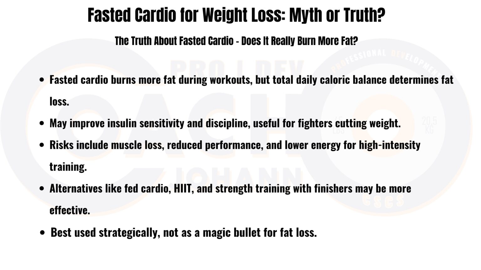 An infographic breaking down the science of fasted cardio, including fat oxidation, insulin sensitivity, and optimal strategies for weight loss.