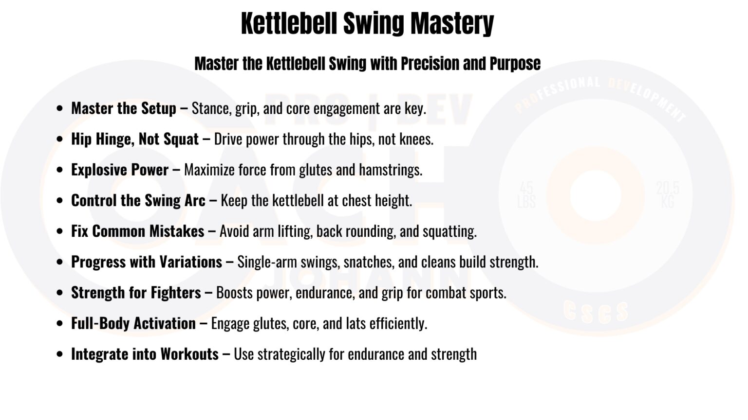 kettlebell swing mastery guide listing key techniques for improving strength, endurance, and power through proper form and progressions.