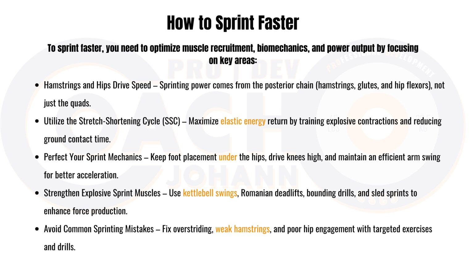 Infographic detailing sprint mechanics, hamstring activation, and the stretch-shortening cycle (SSC).