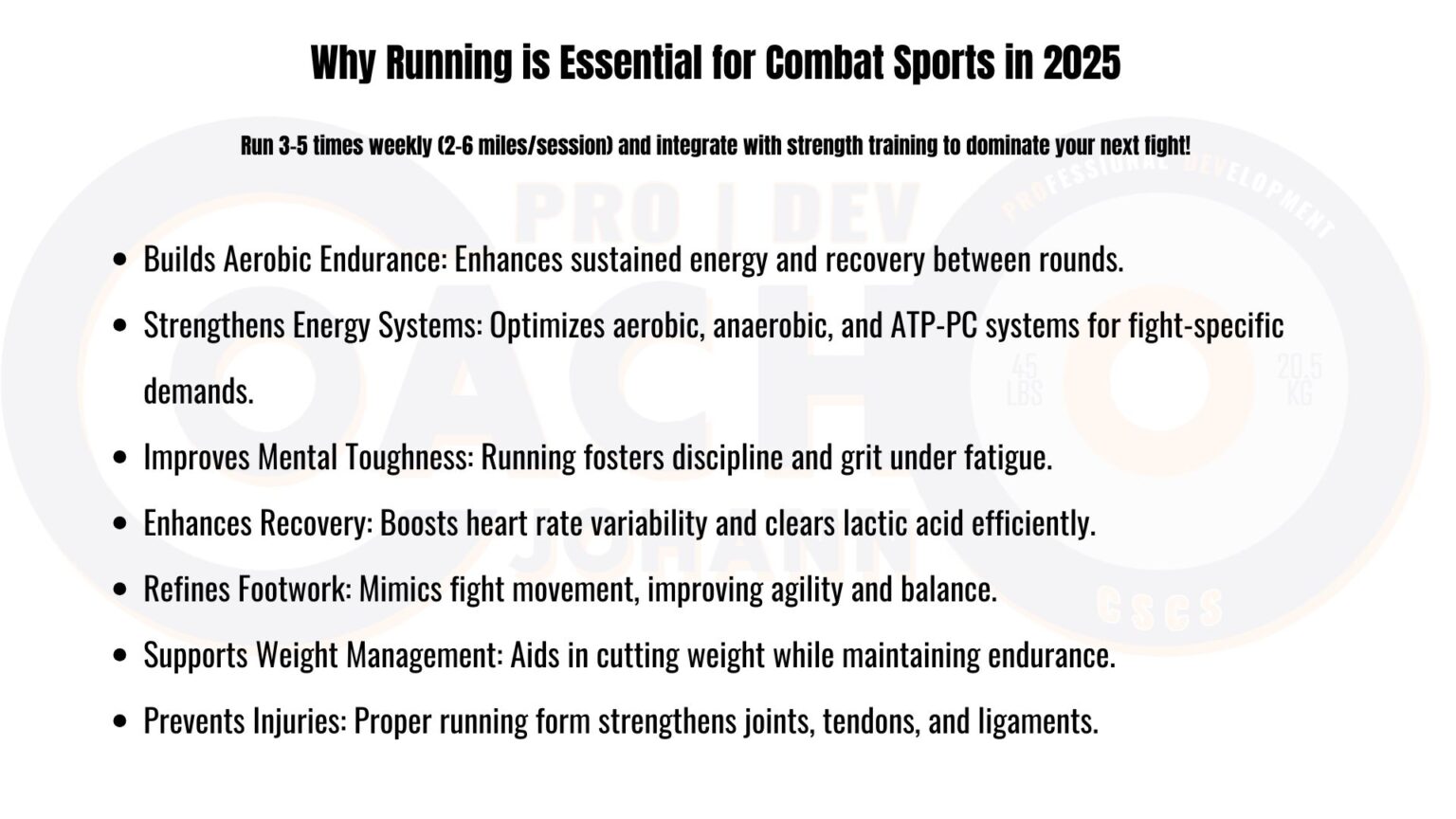 Key reasons why running is essential for combat sports training, presented in a concise infographic format.