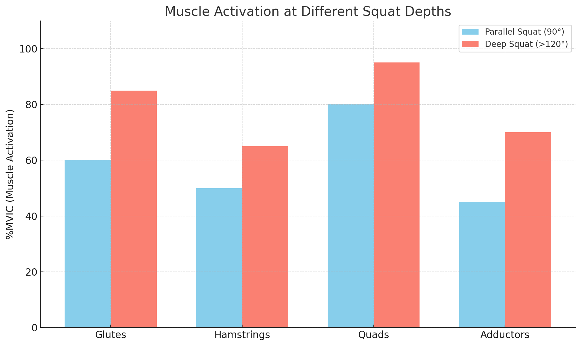  Bar chart comparing muscle activation (%MVIC) to opimized mobility and exercise in four muscle groups—glutes, hamstrings, quads, and adductors—during parallel (90°) vs deep (>120°) squat depths.